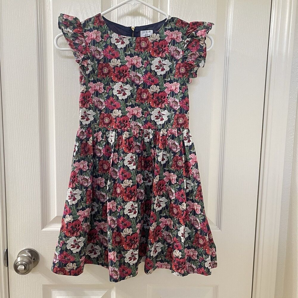 J.Crew Ruffle Shoulder Dress Made w/ Liberty Fabric Amelie Poppy Floral Girls 8